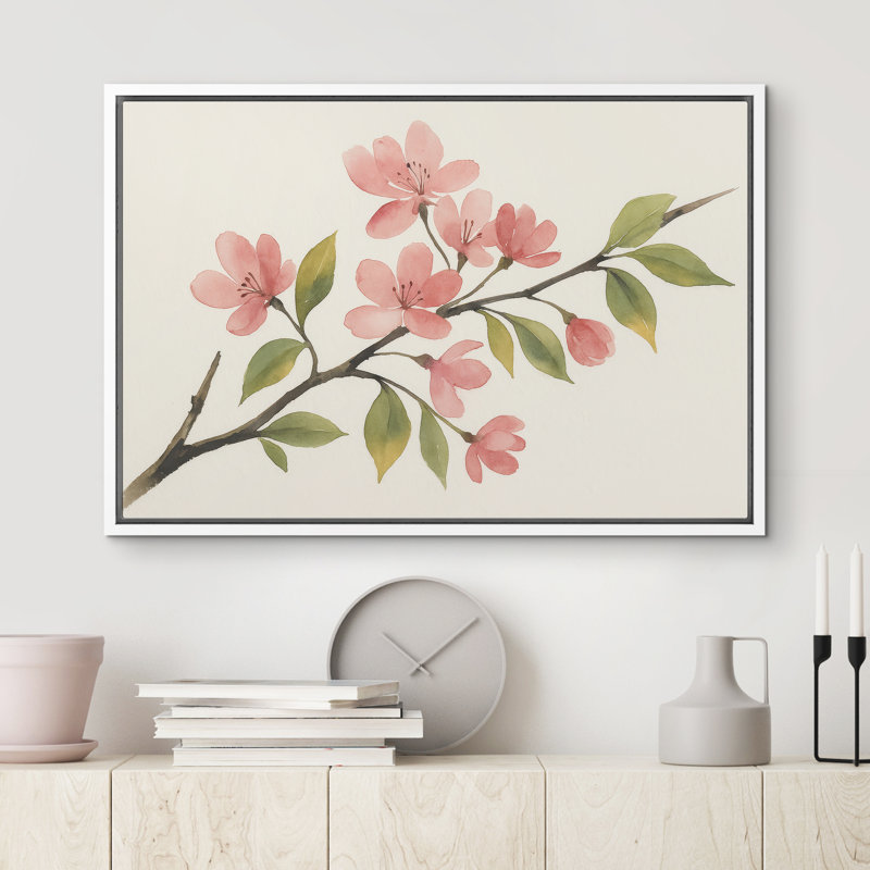 "Pink Spring Blossom Branch", reproduction d'art sur toile encadrée, H 24 po x l 36 po x P 1,5 po, Blanc