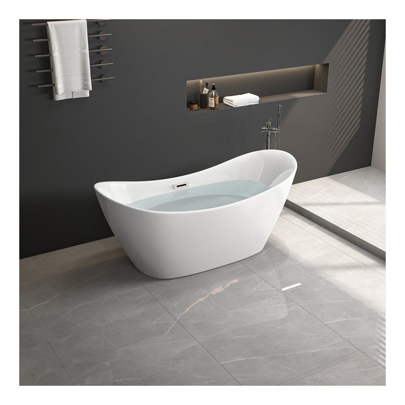 Baignoire autoportante en acrylique, blanc brillant, baignoire simple avec trop-plein chromé et bonde escamotable, certifiée cUPC