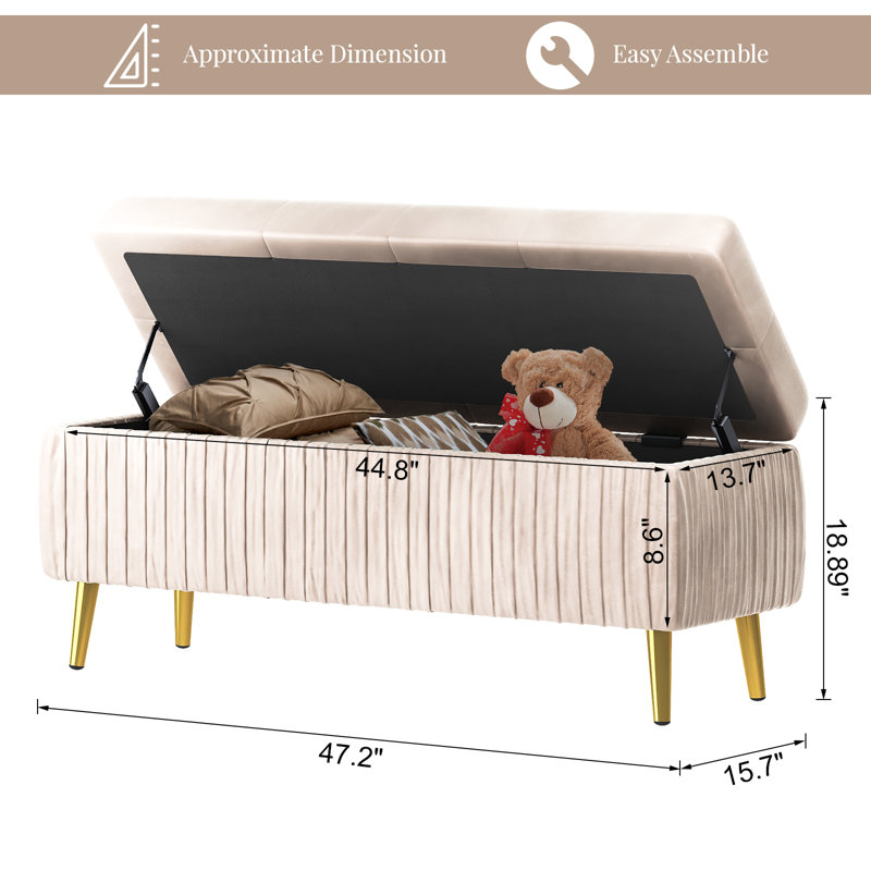 Banc de rangement à couvercle rabattable rembourré, H 18,9 po x l 47,24 po x P 15,75 po, Rose clair