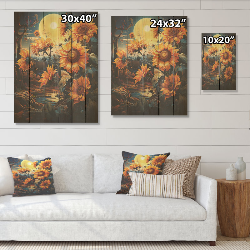 Enchanted Fields Sunflowers I - tournesols, art sur bois de pin naturel, H 40 po x l 30 po