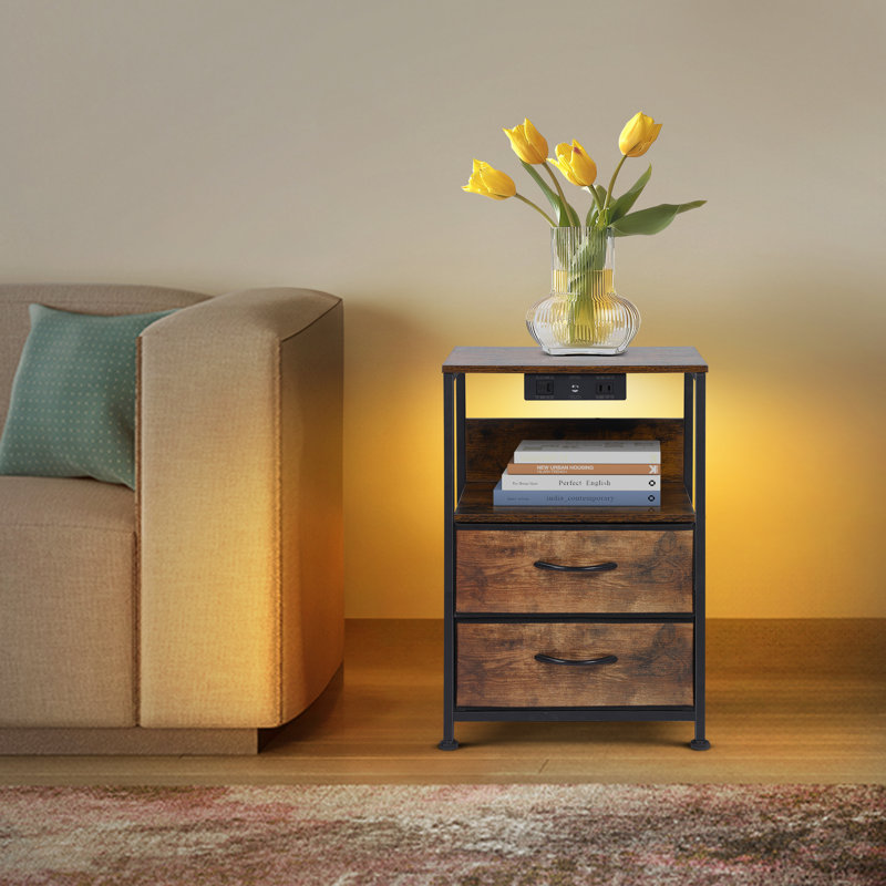 Kohaku 23” 2-Drawer End Table with USB Port and Touch Control, Nightstand with LED Light