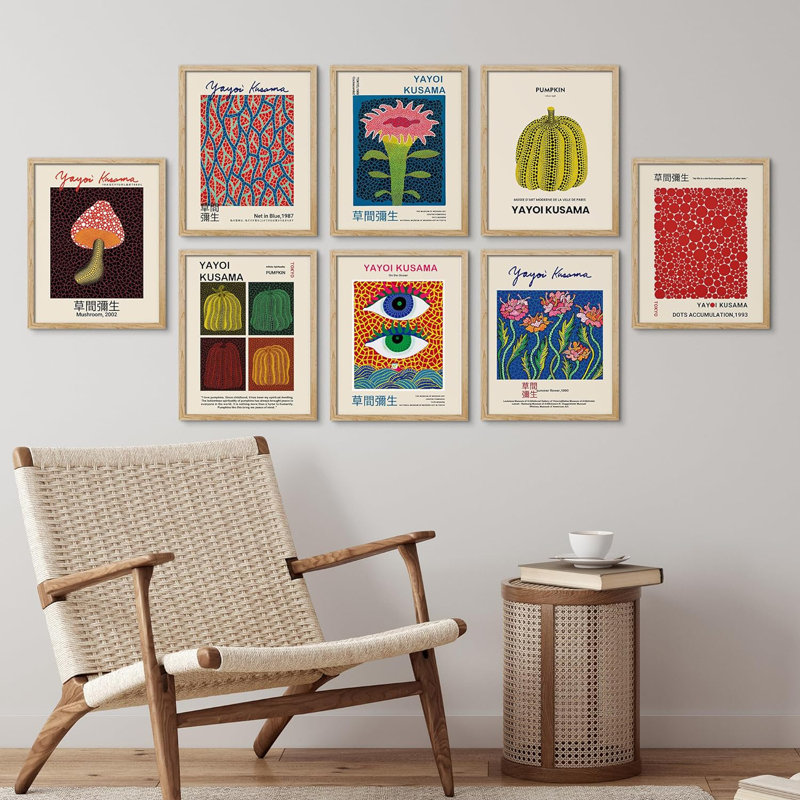 " Mushroom Abstract Botanical Blue Red Dots Japanese Pumpkin By Yayoi Kusama " 8 - Pieces, 16" H x 12" W x 1" D, Natural