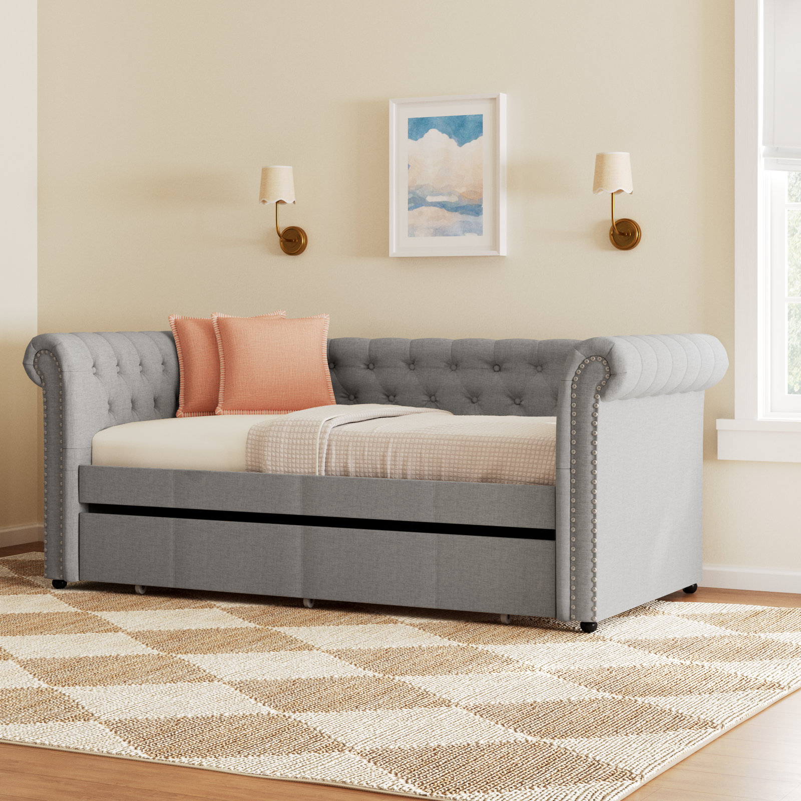 Mynard Upholstered Daybed with Trundle - Twin, Gray