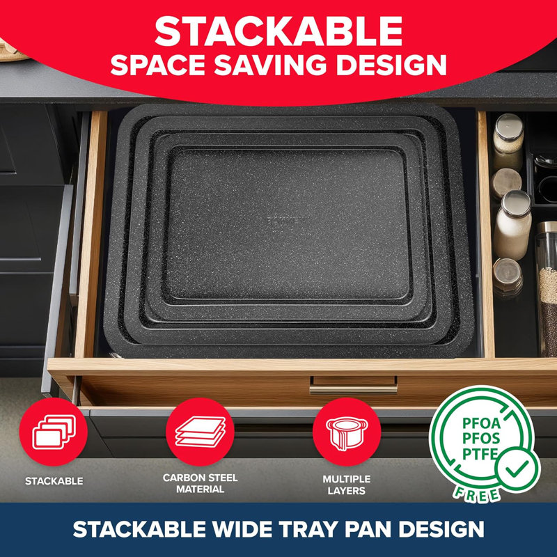 Bakken 3-piece Cookie Pan Set – Small, Medium & Large Nonstick Baking Pans, Gray Marble, Oven Safe To 450°f, Stackable Design