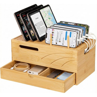 Organisateur de station de charge, support de chargeur 2 couches, support en bambou pour plusieurs tablettes, téléphones, naturel