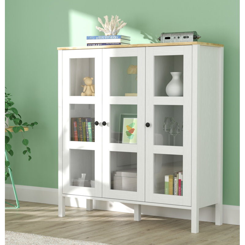 Modern Scandinavian Bookshelf with Metal Handles, White & Wood Finish, 44.1 x 48.4 x 15.7 inches | 100% Melamine Coated Particle Board, 0.7 in Thickness | Features Multiple Shelves & Wall-Mountable Design