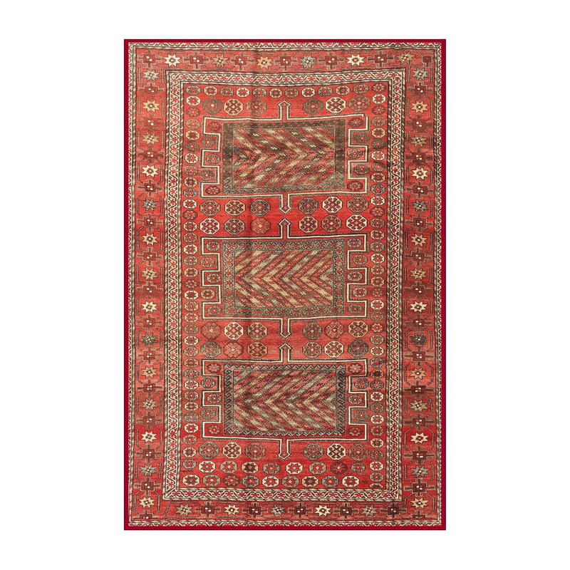 Tapis traditionnel beige / vert / rouge Oblak, Rectangle 3 pi x 5 pi