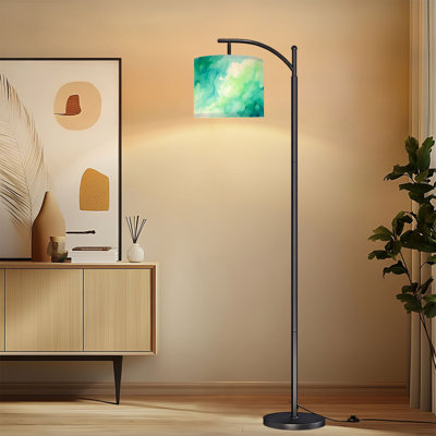 Arc Floor Lamp with Adjustable Lampshade Abstract Fluid Watercolor Teal Mint Green Soft Organic Waves Standing Lamp 3 Color Temperatures Dimmable Tall Pole Lamp with Foot Switch for Bedroom