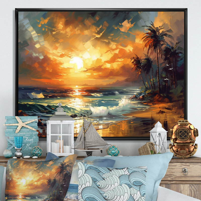 Orange et vert Shimmering Shores I - Beach Wall Art Living Room, H 16 po x l 32 po, Toile avec cadre flottant noir