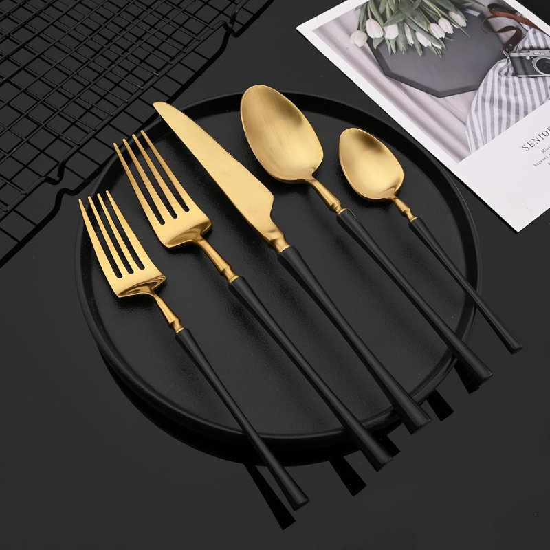 Ensemble de couverts 20 pièces en acier inoxydable noir et or mat, ensemble de couverts 18/10 lavables au lave-vaisselle avec poignée ergonomique, service pour 4