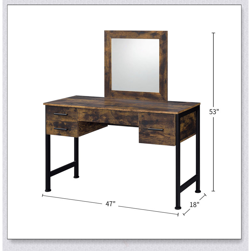 Ensemble de coiffeuse en chêne rustique avec 4 tiroirs de rangement et miroir attaché pour les chambres modernes