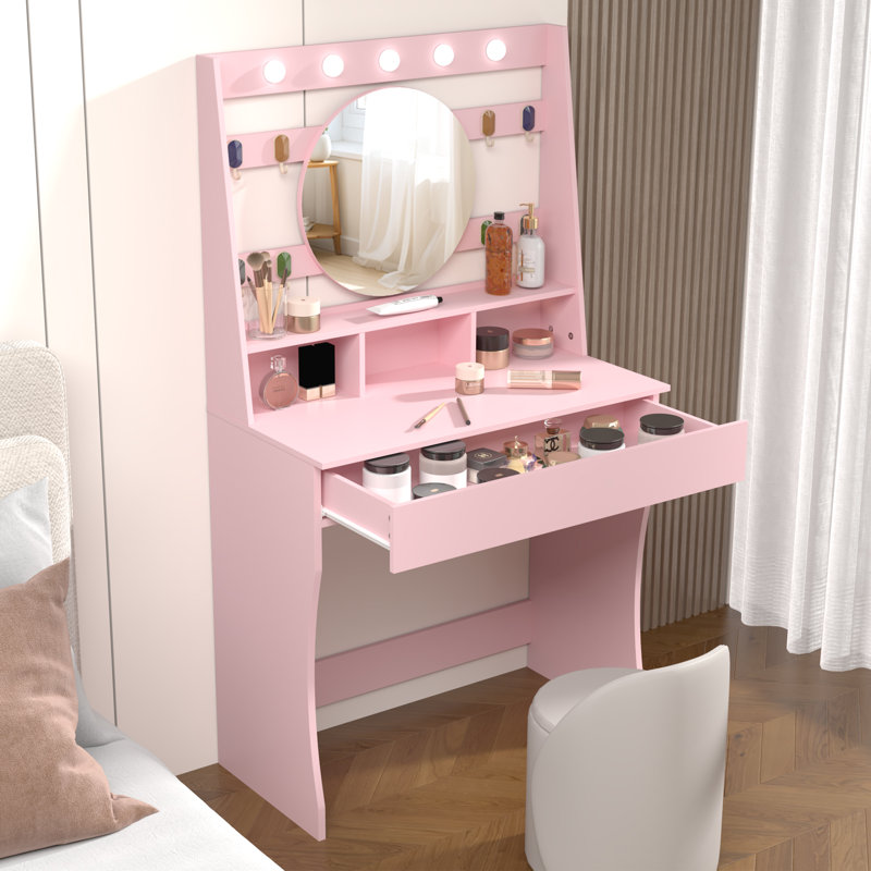 Tamme Dressing Table with Lighted Round Mirror and Storage, Pink