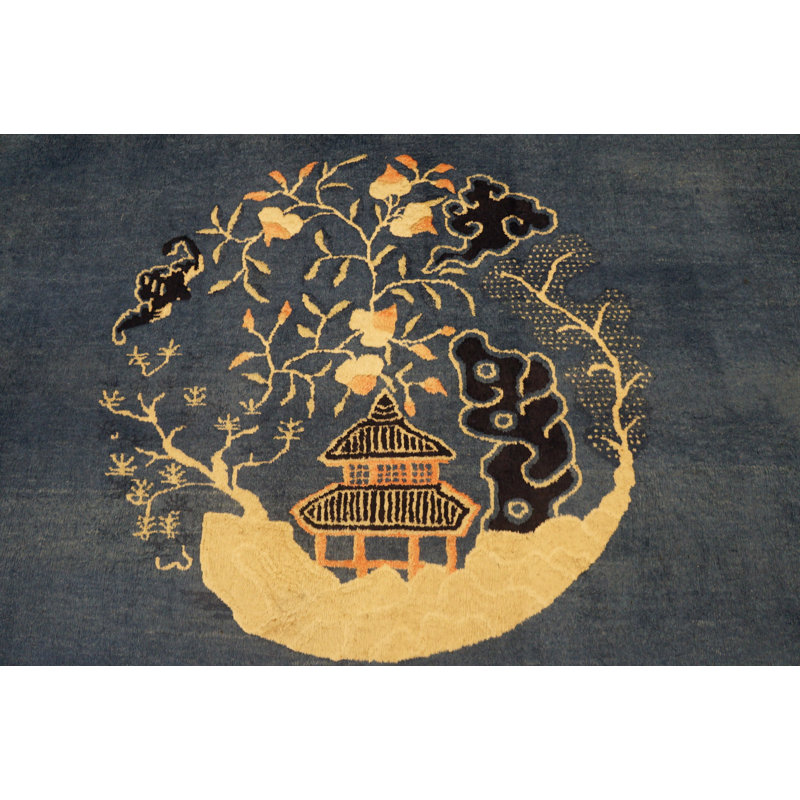 Antique Large Peking Wool Blue Hand Knotted Pile Rug