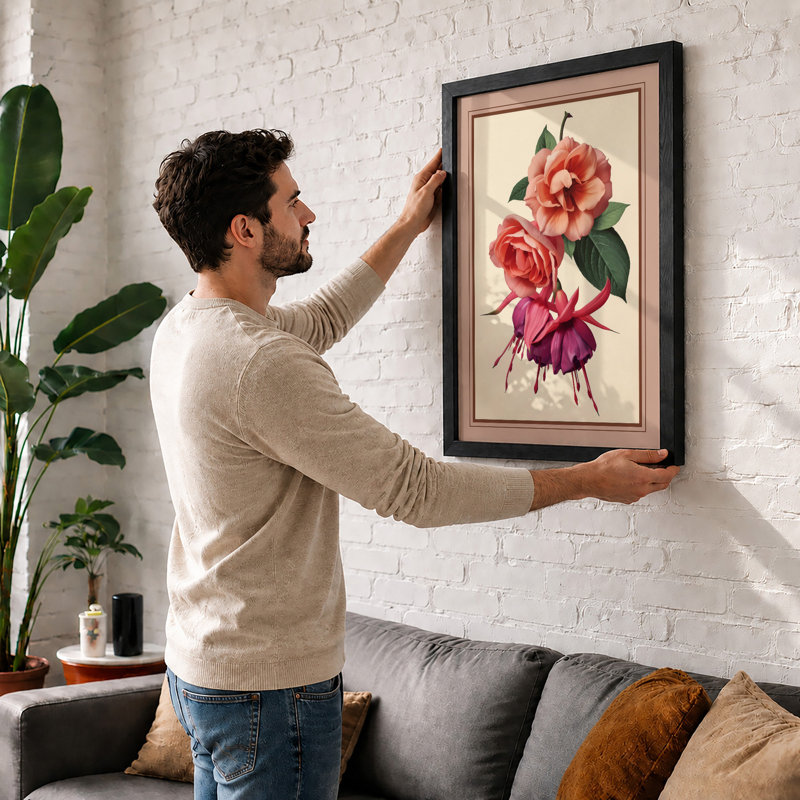 Study in Pink Botanical - Framed Print, A2 - 59.4 x 42.0 cm, Walnut