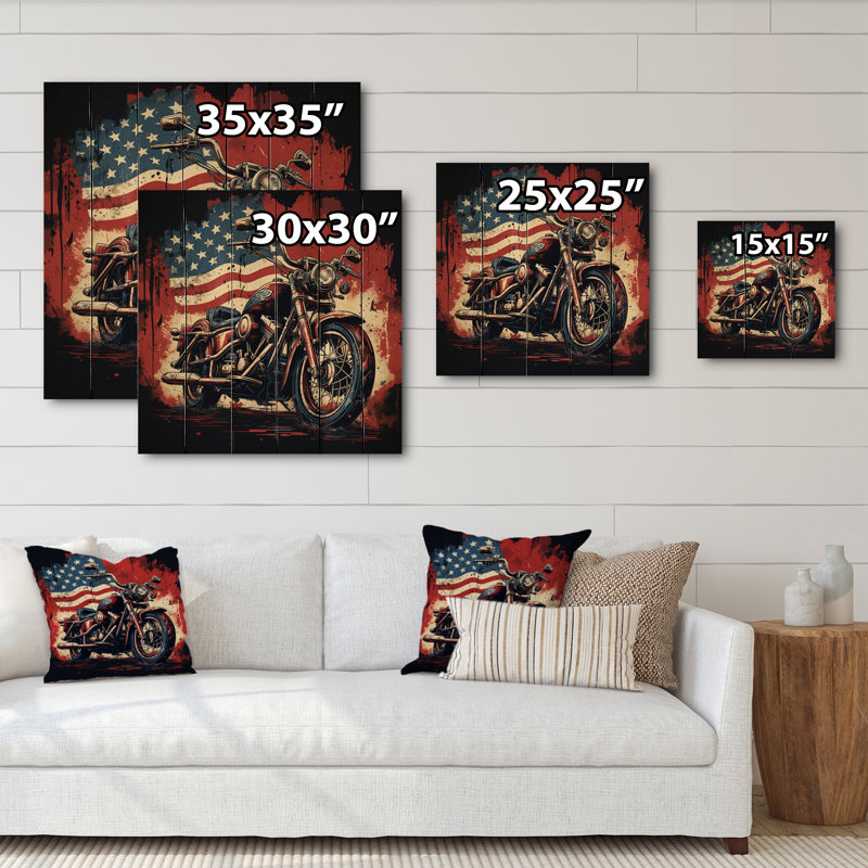 " Red Blue Motorcycle American Flag Background ", 15" H x 15" W x 0.78" D