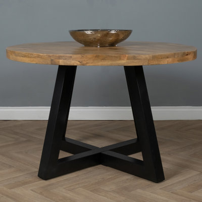 Burnsdale Round Solid Wood Top Metal Base Dining Table
