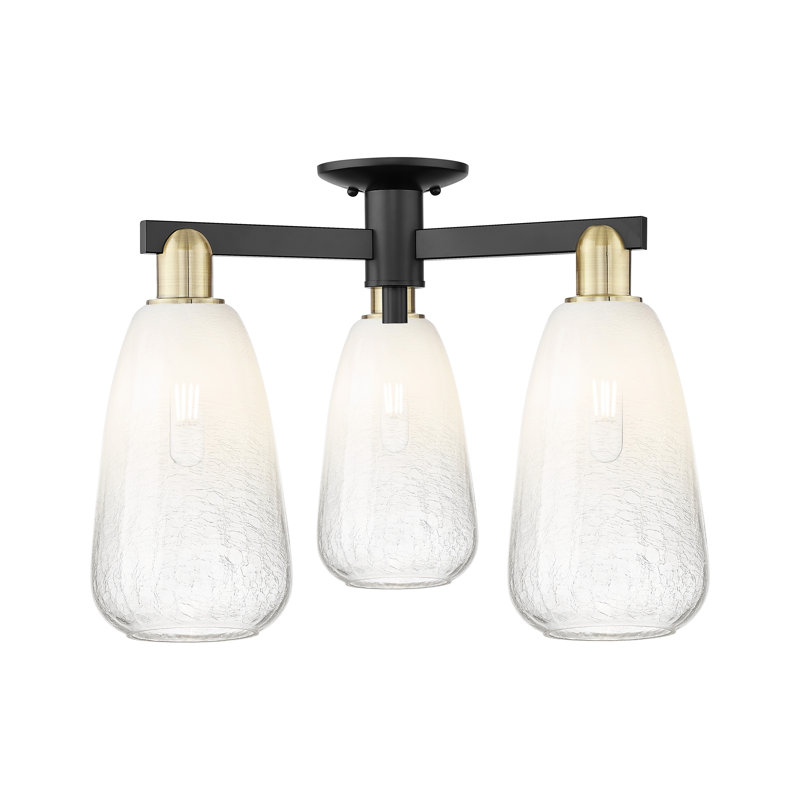 Plafonnier semi-encastré 3 lumières Jacquette, Opale, Laiton antique / noir mat