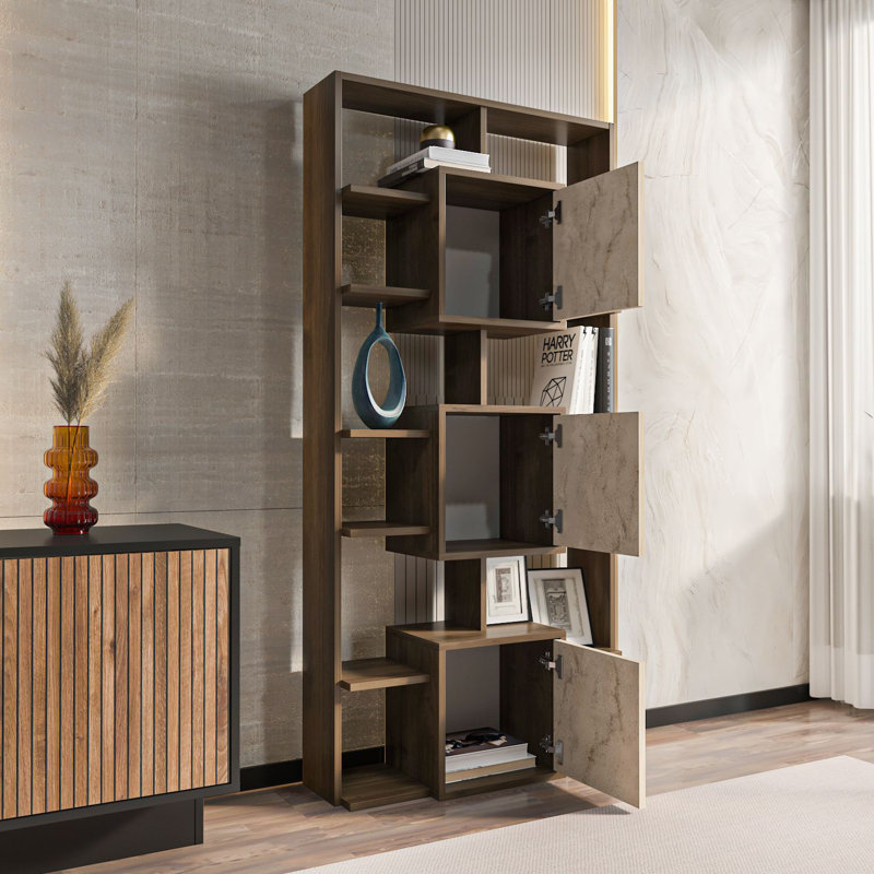 Modern Bookshelf with Walnut & Travertine Finish, 33.5 x 69.3 x 7.9 inches | 100% Melamine Coated Particle Board, Thickness: 0.7 inches | Elegant Marble Design, Perfect for Home Office & Living Room Organization