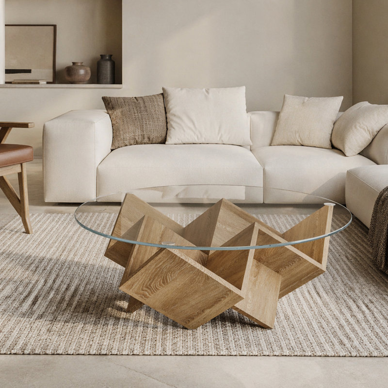 La table basse ronde avec plateau en verre et tablettes de rangement à motif géométrique abstrait Art Déco, naturel, 35,4 po
