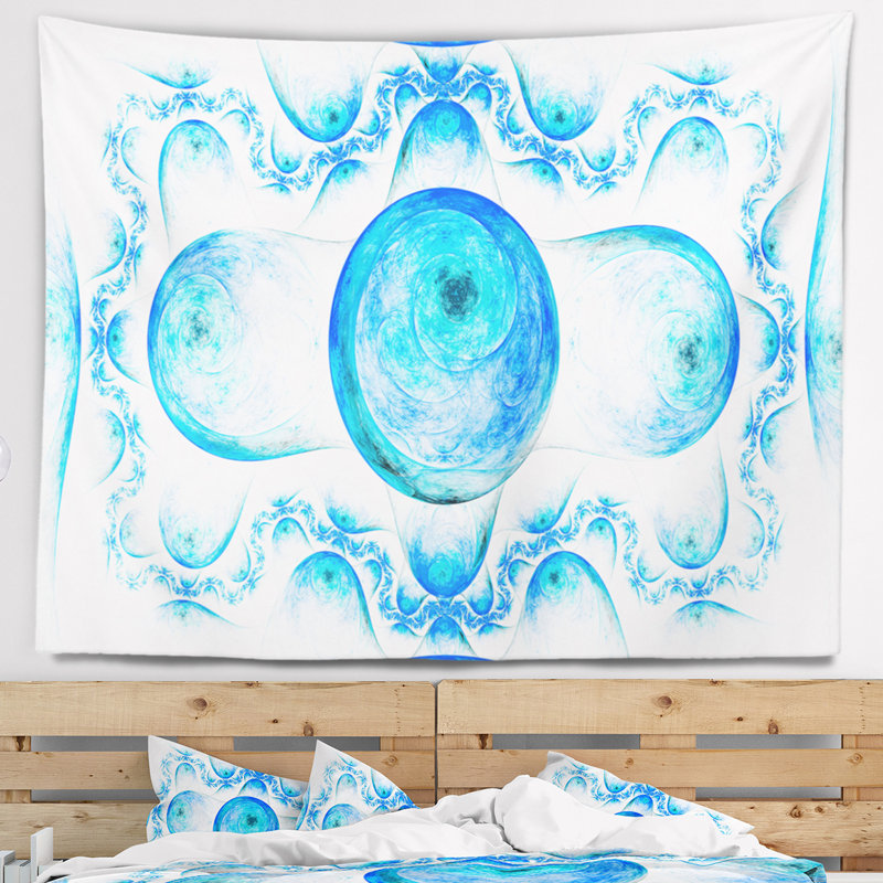 Tapisserie abstraite à motif fractal exotique bleu, H 32 po x l 39 po