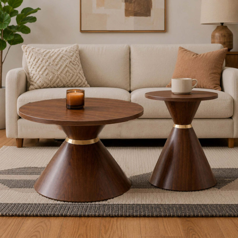 Ensemble de tables basses rondes 2 pièces à la mode, comptoir texturé en noyer avec base en métal stable, table d'appoint facile à nettoyer dans le salon et la chambre à coucher