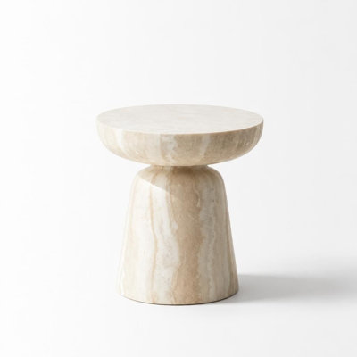 Table d'appoint ronde à champignon avec texture de travertin simulée, table de bout en fibre de verre avec base fuselée pour le salon et la chambre à coucher, table d'appoint légère pour les petits appartements, présentoir décoratif multifonctionnel sans assemblage requis
