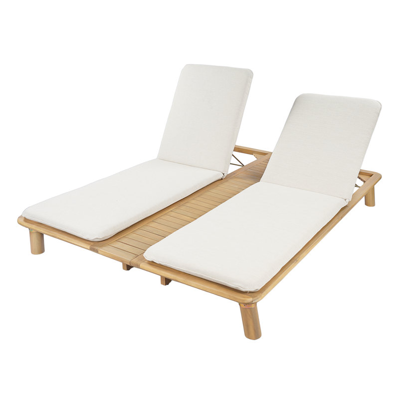 Double chaise longue d'extérieur moderne avec coussin, bois d'acacia et table d'appoint intégrée Cromwell