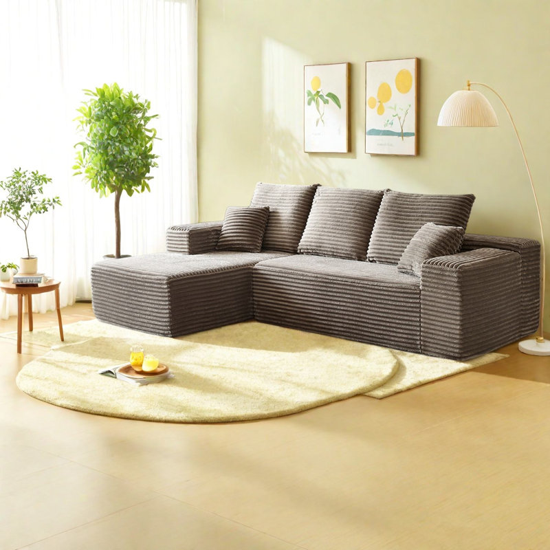 Canapés modernes à compression, grande méridienne en velours côtelé moelleux de 272 cm pour la maison, Brun 2