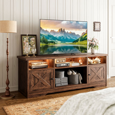 Tv Stand With Power Outlet, Farmhouse Entertainment Center With Led Light, Console Table And Media Furniture With Storage Cabinets