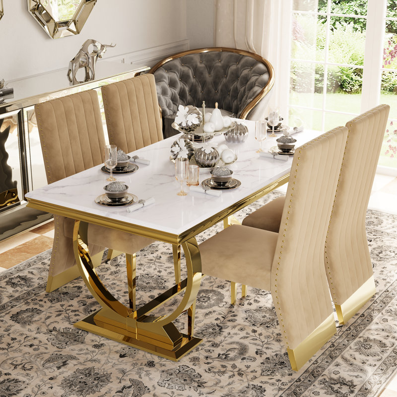 Ensemble de table de salle à manger 5 pièces luxueux et élégant avec 4 chaises en cuir, Beige / or, Or, Crème