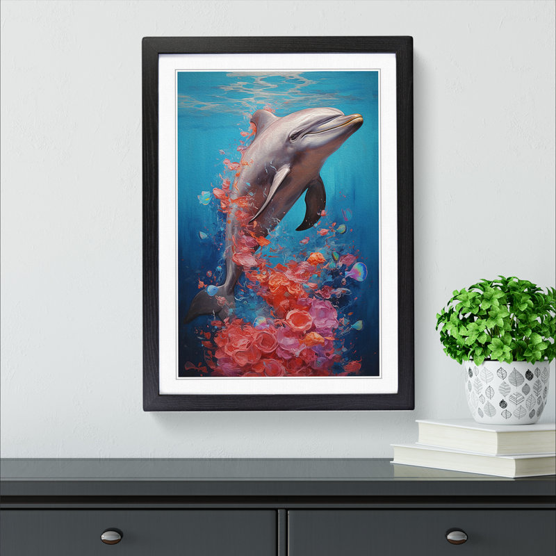 Dolphin Contemporary - Single Picture Frame Print on Wood, Black Framed, 64cm H x 46cm W