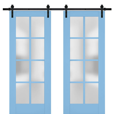 Sturdy Double Barn Door With Frosted Glass | Veregio 7412 | 13FT Rail Hangers Heavy Set | Solid Panel Interior Doors