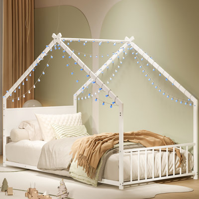 Twin Size White House Bed With Roof And Colorful Lights, Frame 13 Slats, For , No Squeaking