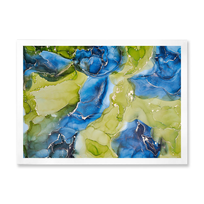 «Blue and Green Luxury Abstract Fluid», peinture sur toile, Cadre photo blanc, H 12 po x l 20 po x P 1 po