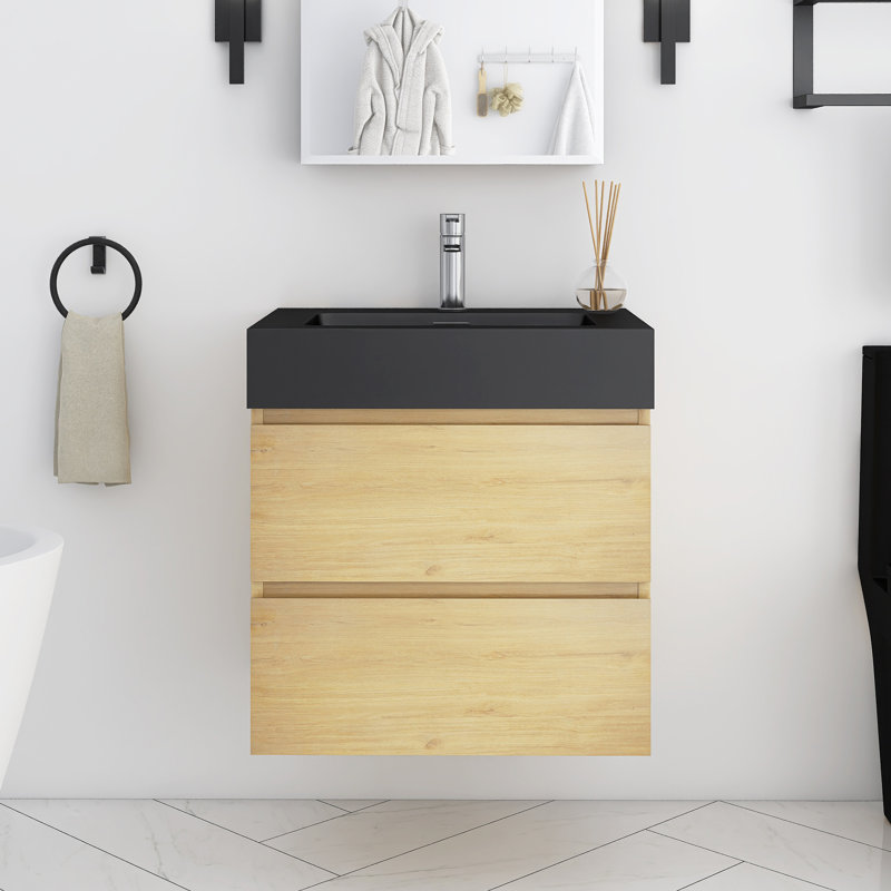 Meuble-lavabo simple mural 24 po avec lavabo en résine intégré, Chêne