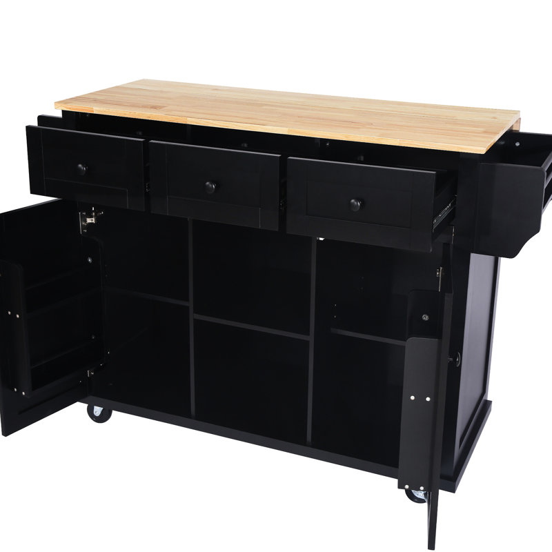 Grand chariot de cuisine avec rangement et pieds d'armoire en bois massif, Noir