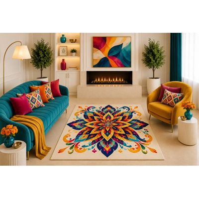 "Ultra Light Weight" 5' x 7' Colorful Mandala Floral Area Rug Boho Geometric Lotus Flower Decor for Living Room Bedroom Dining Room Non-Slip Silicone Backing Low Pile