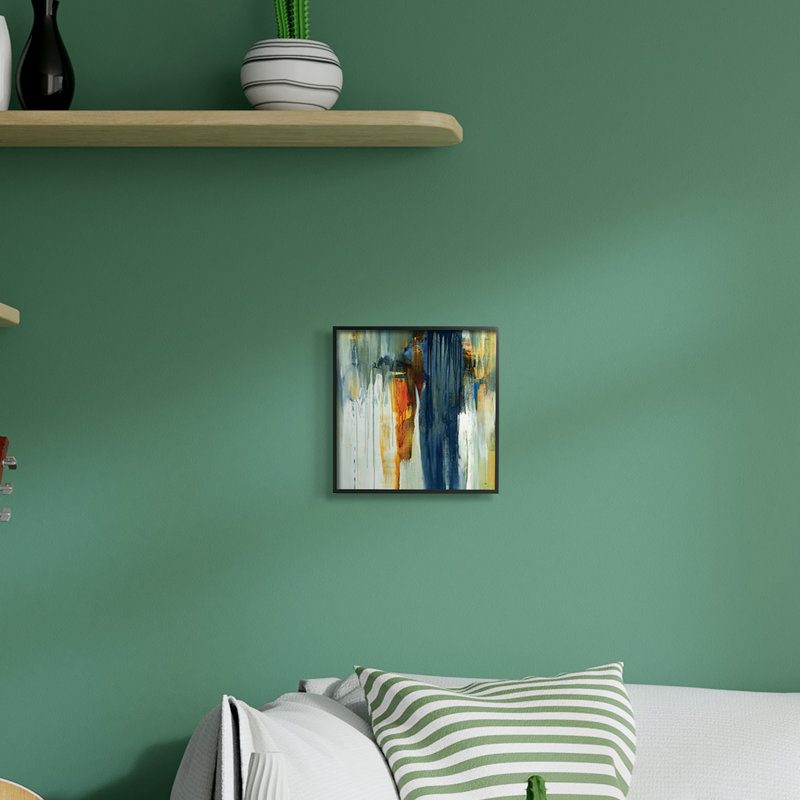 Peinture en cascade bleu vert orange par Lisa Ridgers - Peinture, H 12 po x l 12 po x P 1,5 po, Giclée encadrée noir minuit
