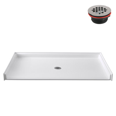 62 po. X 38 po. Base de douche en alcôve en acrylique blanc brillant avec drain central et drain inclus