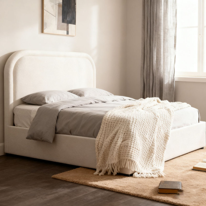Cadre de lit rond rembourré avec tête de lit en tissu Boucle