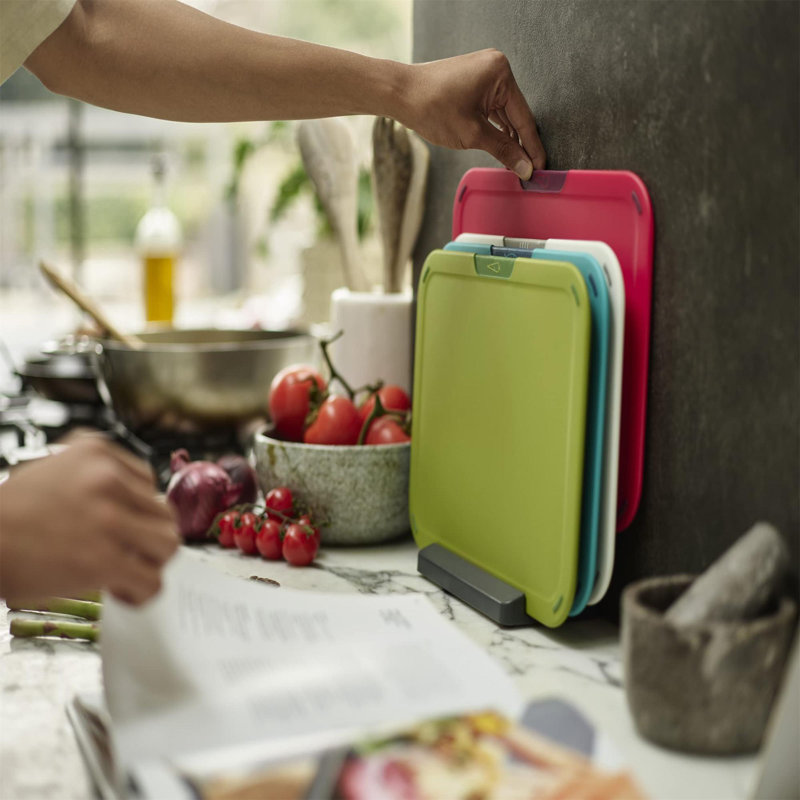 4-Piece Colour Coded Chopping Board Set With Storage Stand, Multicolour