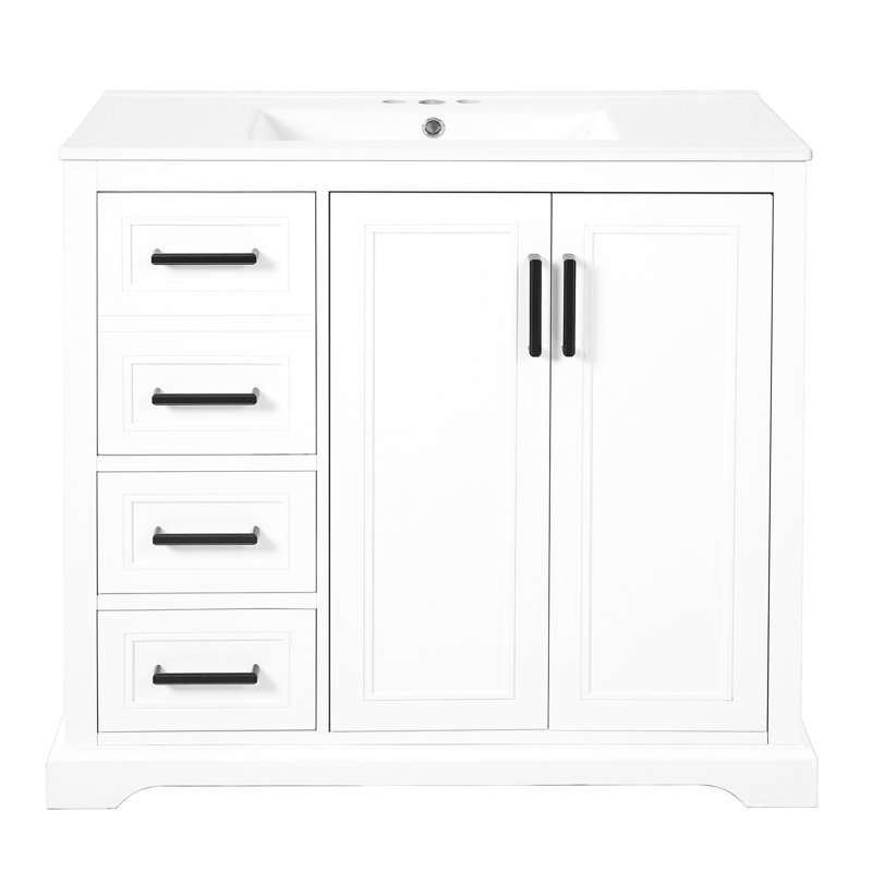 Meuble-lavabo blanc contemporain de 36 pouces avec lavabo en céramique, 3 tiroirs, espace sous le lavabo et compartiment de fermeture en douceur