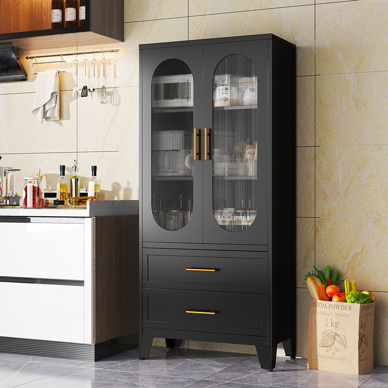 Armoire de cuisine Winston Porter Stoarge en métal avec 4 portes et tiroirs en verre acrylique, Noir, noir, noir, noir
