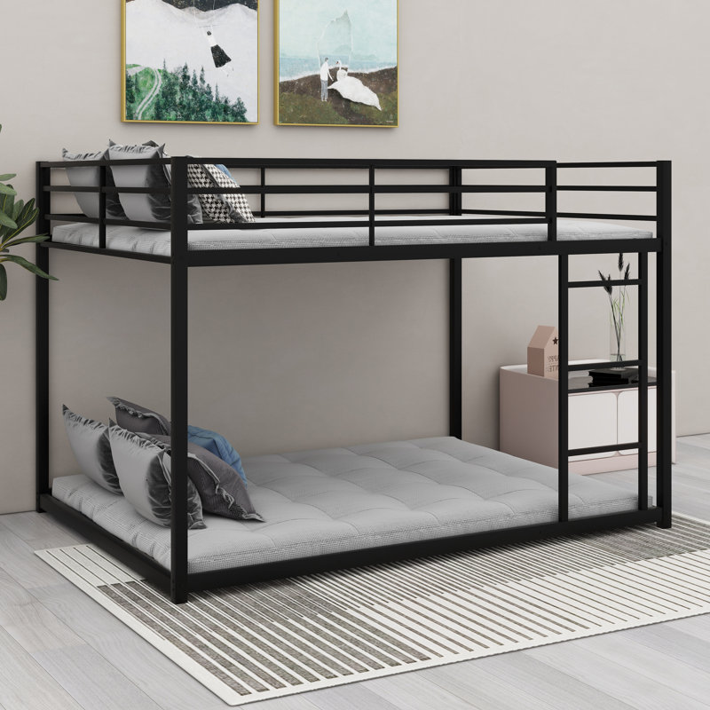 Low Bunk Bed With Ladder, Sturdy Metal Frame  And Safety Guardrails, Black