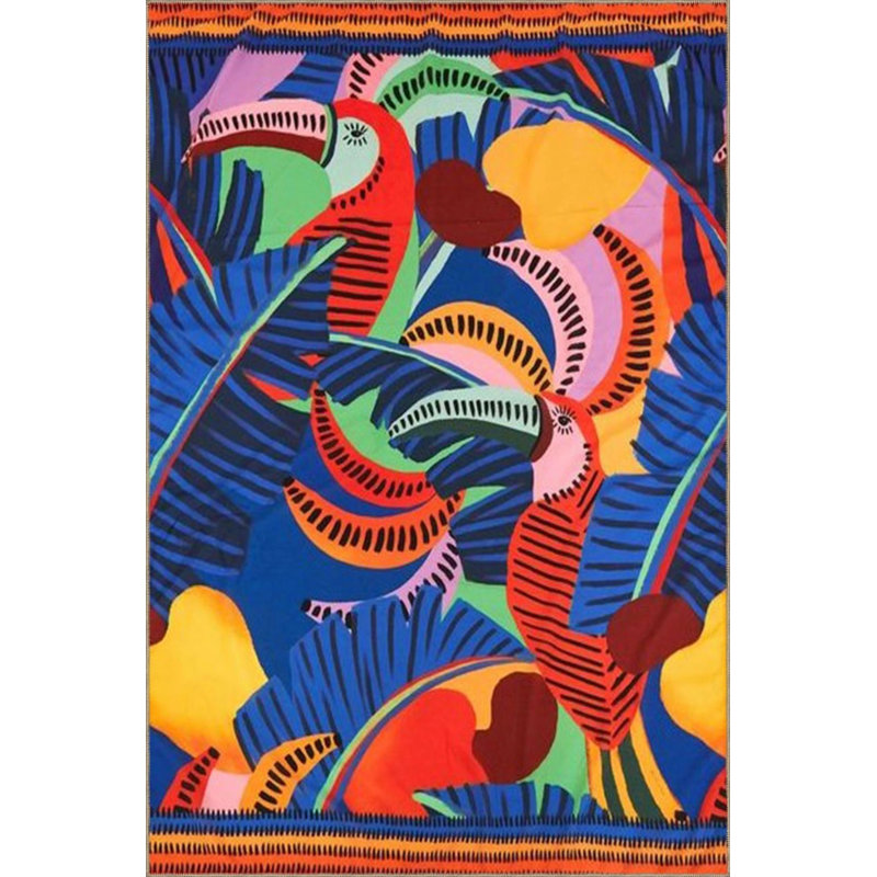 Tapis décoratif avec motif de perroquet dans des tons bleus, Rond 3 pi 4 po