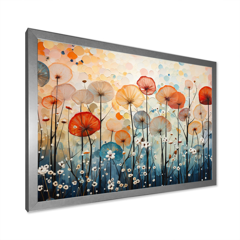 Coral Dandelion Floral Symphony II - Floral Wall Art Living Room, H 24 po x l 32 po x P 1 po, Cadre photo argenté