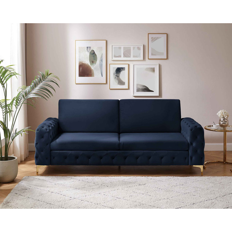 Bushong 222Cm Velvet Square Arms Sofa, Gold, Blue Velvet