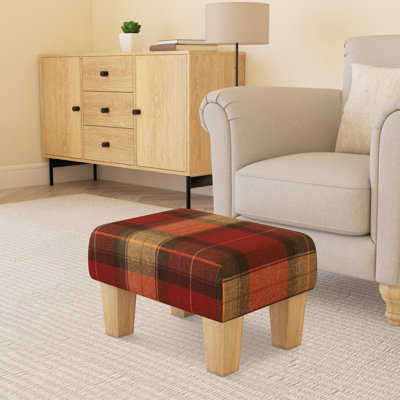 Tartan Material Large Footstools Tartan - Claret Red - Wood Contemporary Leg
