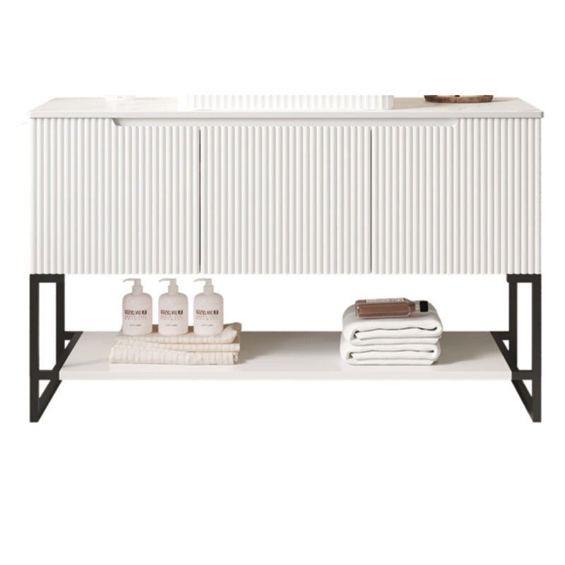 Meuble-lavabo moderne blanc avec plateau en pierre de Carrare pour un rangement spacieux