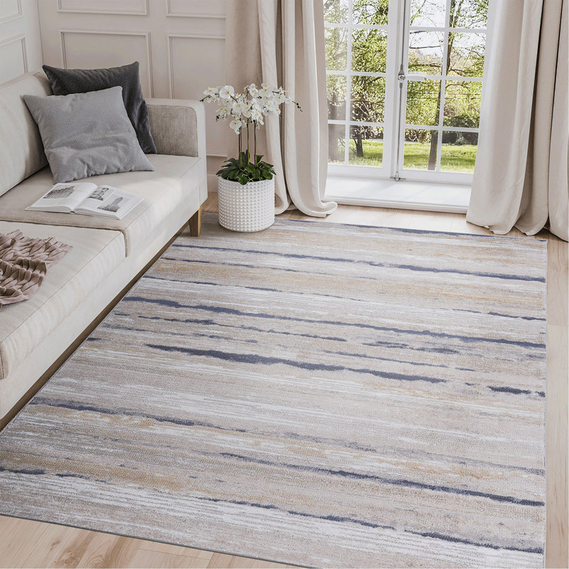Collection Ivory/Blue /Striped Non-Shedding Living Room Bedroom Dining Home Office Stylish And Stain Resistant Area Rug